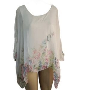 Elena Baldi Ivory Floral Tops 100% Silk Dolman Sleeve blouse size L